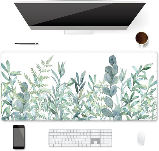 XXL Waterproof Office Desk Pad Protector 35.4x15.7 Inch - Extended Gaming Mouse Pad with Non-Slip Rubber Base, Thickened Keyboard Mat, Stitched Edges & Green Plants Design