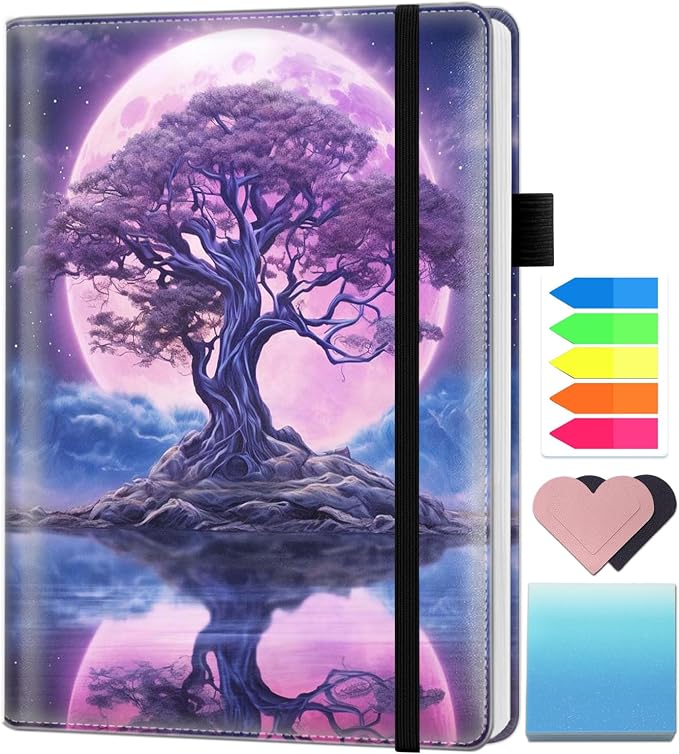A5 Leather Lined Journal Notebook, 200 Pages Hardcover Executive Notebook for Men Women Office School Note Taking, Thick Writing Paper Daily Journal with Bookmarks/Indexes, Cosmic Tree of Life