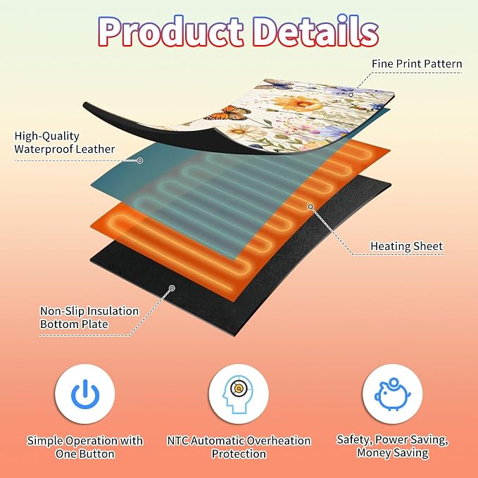 Heated Desk Pad Large Mouse Pad 31.5 x 13 inch with 3 Levels Heating & Auto Shut-Off Warm Mouse pad PU Leather Computer Mousepad for Home Office Work - Watercolor Butterflies and Flowers