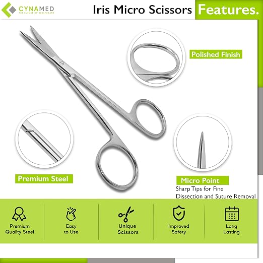 Cynamed Iris Micro Dissecting Precision Lab Scissors, Fine Point Straight - Perfect for Doctors, Nurses, EMS, Students, Education & Training and More (Pack of 1)