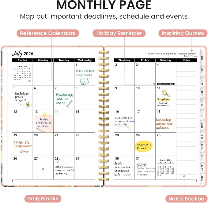 Planner 2026-2027, Academic Monthly and Weekly Calendar Planner for Women, July 2026 - June 2027, Hardcover Pretty Agenda Planner Book with Tabs, Spiral Daily Organizer for School Office Home Supplies, 8.5" x 11" - Bookish Kitty