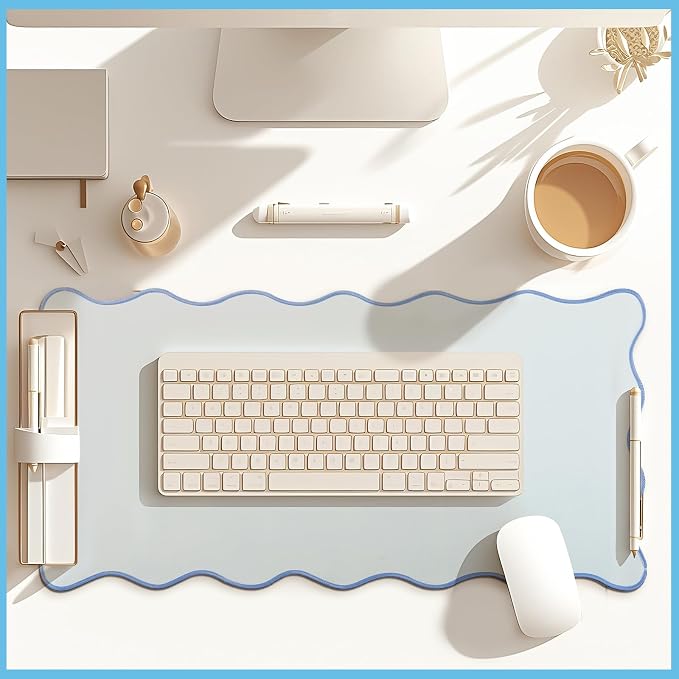 Hahafelt Scalloped Desk Mat Large Desk Pad Cute Coquette Table Mat Back to School Preppy Table Make up Pad Nonslip Graduation Gift with Stitching Waterproof Gaming(Blue,23.6 x 13.8 Inches)