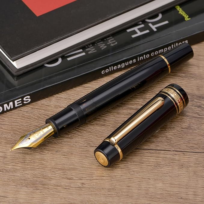 Wikult Yongsheng Junlai 930 Acrylic Fountain Pen, Size 9 Fine Nib with Piston Filling System, Piano Black Fence Ink Tank with Flat Top Design Smooth Writing Pen (Gold Trim)