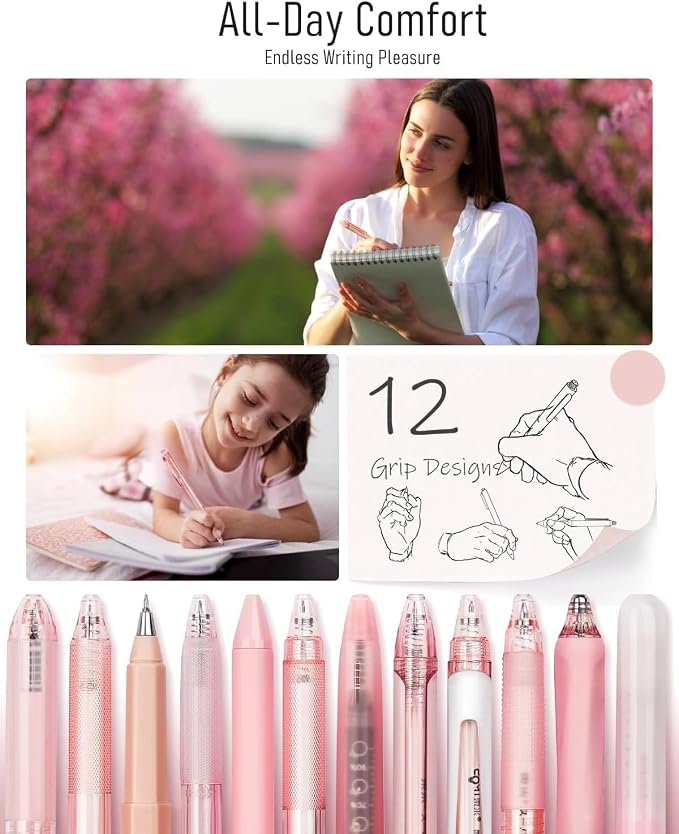 Four Candies Cute Pink Pens, Black Gel Ink, Rose - 12ct, 0.5mm Fine Point | Back to School Supplies, Nurse Essentials, Office Decor for Women, Girly Stationery Set, Aesthetic Desk Accessories
