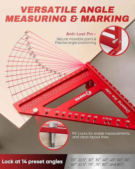 Saker 8.5Inch 3D Multi-Angle Measuring Square Ruler, Aluminum Alloy Carpenter Square,Precision Hole Scribing Ruler with Angle Pin for Woodworking, Engineering, and Construction Projects