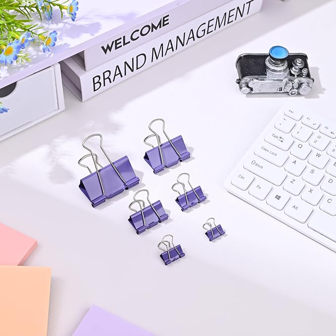 Temiary Aesthetic Binder Clips, Large Metal Binder Clip with Clear Storage Container, Binding Paperwork Clamps for School Teachers Office Supplies (Purple 2 Inch, 12P)