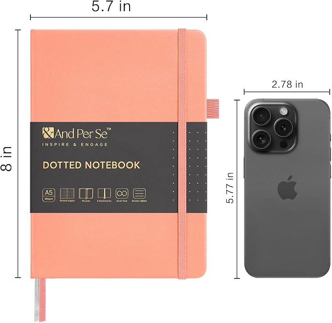 &And Per Se Dotted Journal Notebook, A5 Hardcover Aesthetic Dotted Notebook – 160 Pages 100gsm Thick Dot Grid Paper, 3 Sticker Sheets – Gift-Ready Journaling Kit for Women (Peach Pink)