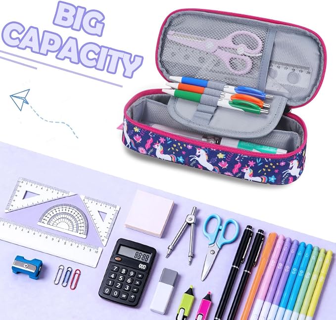 RHCPFOVR Kids Pencil Case for Girls-Soft Zipper Large Capacity Pencil Pouch for Girls Pencil Case for School Pencil Bag for Toddler (Deep Blue Unicorn)