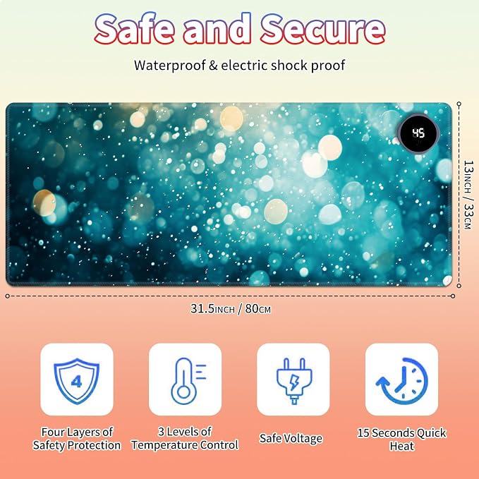 Heated Desk Pad Large Mouse Pad 31.5 x 13 inch with 3 Levels Heating & Auto Shut-Off Warm Mouse pad PU Leather Computer Mousepad for Home Office Work - Green Glitter