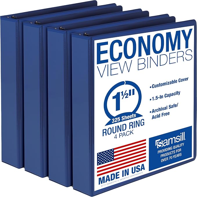 Samsill 1.5 Inch 3 Ring Binders, Economy Round Ring, Clear View Cover, 325 Sheet Capacity - for School, Home, Office - Blue, 4 Pack