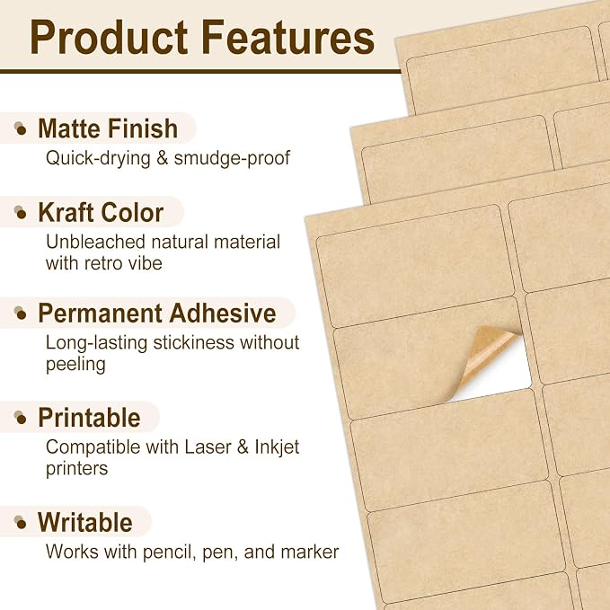 NATURALABEL 200 Sheets Printable Kraft Label Stickers for Laser & Inkjet Printers, 2" x 4" - 10 per Page, Matte (2000 Count)