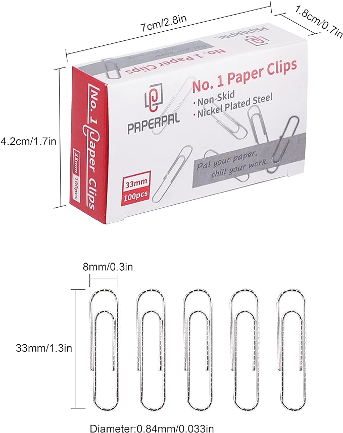 PAPERPAL Paperclips for Office School & Personal Use, #1 Nonskid Paper Clip (1-2/7"), 600 Medium Paper Clips (6 Boxes of 100 Each), Silver | Medium paper clips for office, school and personal use, conveniently packed in 6 boxes of 100 each.