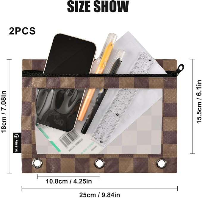 ALAZA Brown Checkerboard B Pencil Pouch for 3 Ring Binder 2 Pack Zipper Binder Pencil Bag Case with Clear Window Office Supplies