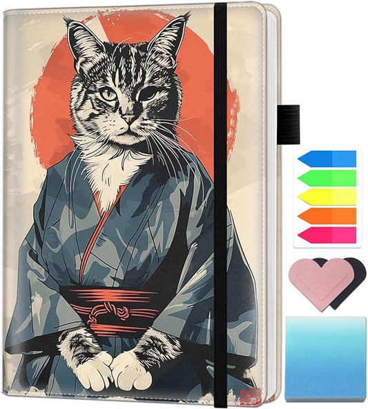 A5 Leather Lined Journal Notebook, 200 Pages Hardcover Executive Notebook for Men Women Office School Note Taking, Thick Writing Paper Daily Journal with Bookmarks/Indexes,Cat Samurai