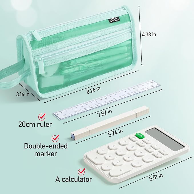 Four Candies Grid Mesh Pencil Case, Double-Layer, Clear, with Handle | Cute Stationary, Marker Organizer, Makeup Bag, Transparent Mesh, Smooth Zipper, Travel Friendly, for Adult Office College