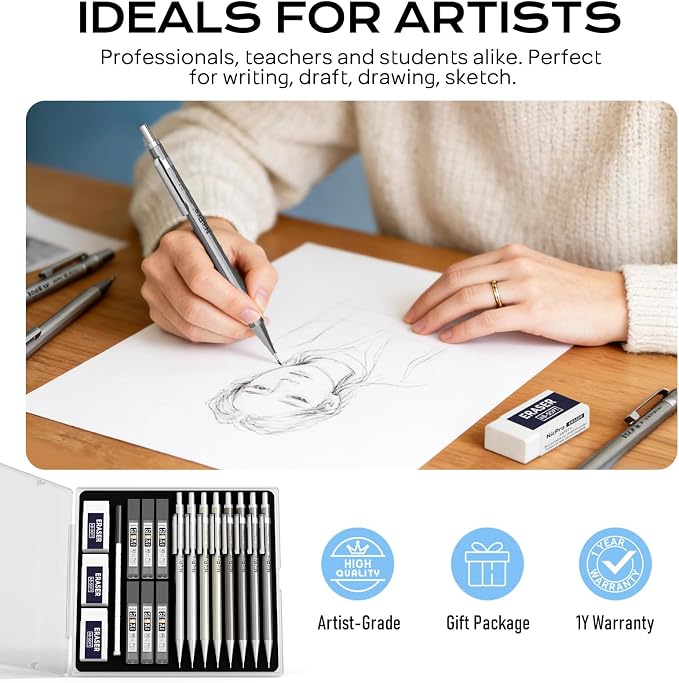 Nicpro 8 Pack Mechanical Pencil 0.7mm, MB1000 Metal Mechanical Pencil Set | 6 Tube HB #2 Lead Refill 0.7 mm, 3PCS 4B Eraser, 9 Cap Eraser with Case for Artist Drafting Writing, Sketching, Drawing