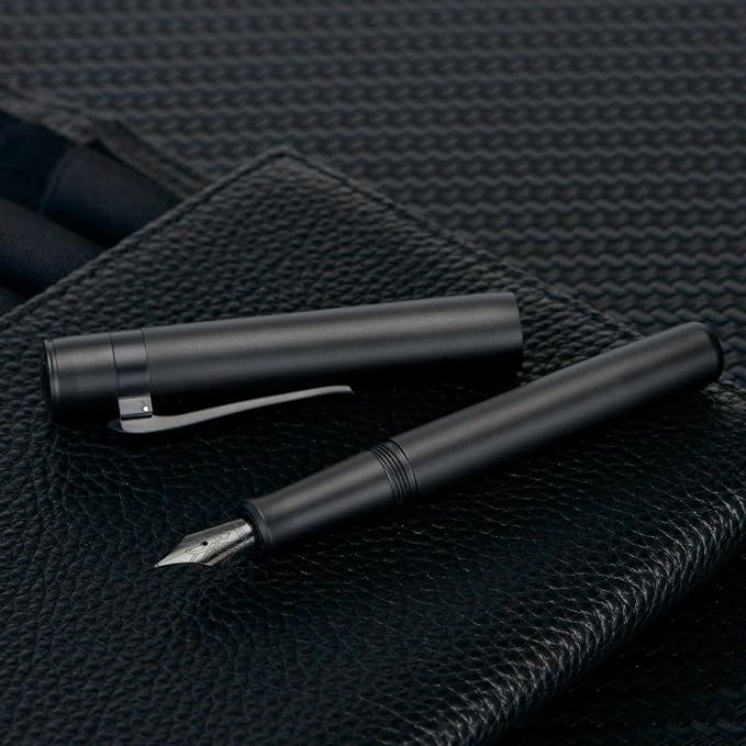 HONG DIAN M2 Mini Fountain Pen with Extra Fine Soft Nib, Sleek Shape Aluminium Short Pocket Travel Pen (Matte Black)