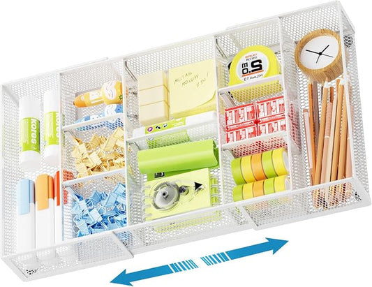 Marbrasse Expandable Desk Drawer Organizer, Mesh Drawer Organizer Tray with 10 Adjustable Compartments, Desk Organizers and Accessories for Office Supplies (Longer Expandable Drawer Organizer-W)