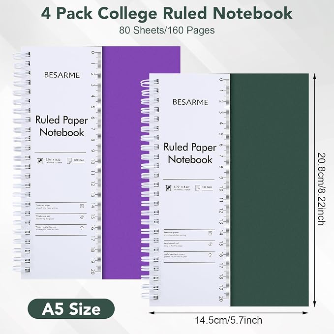 BESARME 4 Pack A5 College Ruled Spiral Notebooks, 5.7 x 8.22 Inch | 100gsm thick paper, waterproof cover, ruler insert, twin-wire binding, 160 pages each, for school or work