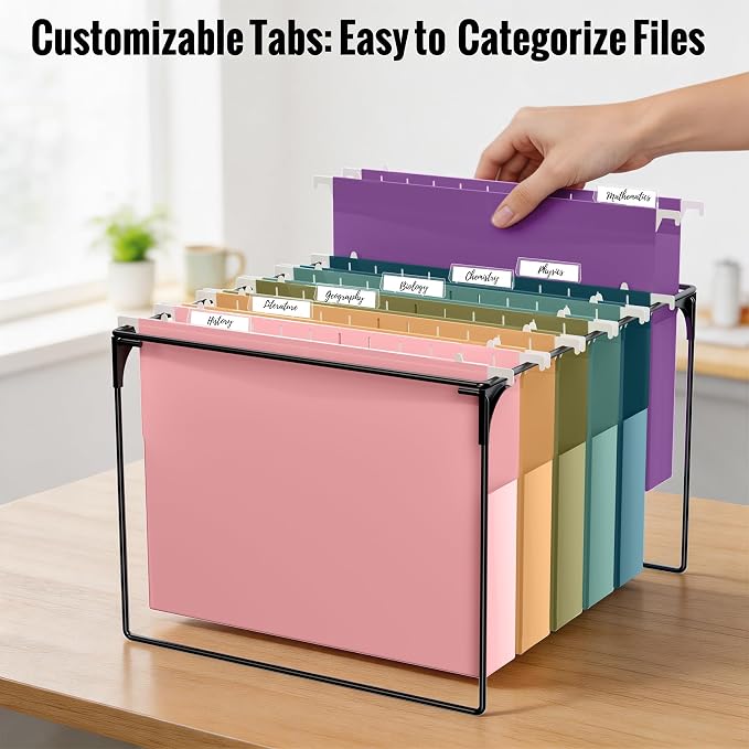 12 Pack Extra Capacity Plastic Hanging File Folders Letter Size | 2" Expanding File Folders with 1/5-Cut Adjustable Tabs, Hanging File Organizer with Clear Tabs for File Cabinet & Drawer