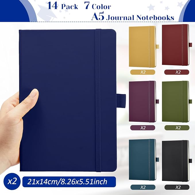 Laumoi 14 Pack Hardcover Journal Notebooks Bulk A5/A4/B5 Journaling Notebook Wide Ruled PU Leather Ruled Lined Journals with Pen Holder for School Business Work Writing (Retro Color,A5)