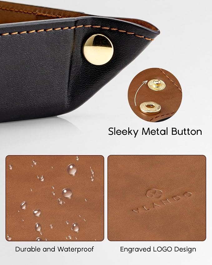 VLANDO Travel Valet Tray for Women, Foldable PU Leather, Light Brown | Travel Catchall Tray, Jewelry Tray and Dresser Organizer for Keys, Wallet, Watch, Glasses, Rings and Small Accessories