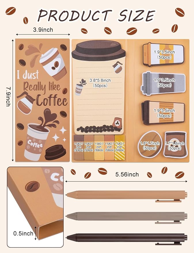 Coffee Themed Gifts for Coffee Lovers, Coffce Sticky Notes Pads with 3 Ballpoint Pens, Self-Stick Notes Pads Animal Divider Tabs Bundle Writing Memo Pad Back to School Office Supplies (550PCS)