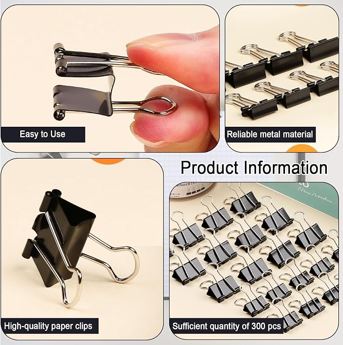 300Pcs Assorted Binder Clips Bulk Black Paper Clamps Office Supplies | 6 Sizes Jumbo, Large, Medium, Small, Mini and Micro, Metal Metal Binding Med Clips for Teachers Business