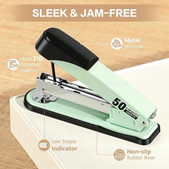 Deli Stapler Heavy Duty, Full Strip Staplers for Desk with 2000 Staples and Staple Remover, 50 Sheet Capacity, No Jam, Non-Slip Office Stapler with Staples for Office, Classroom, Green