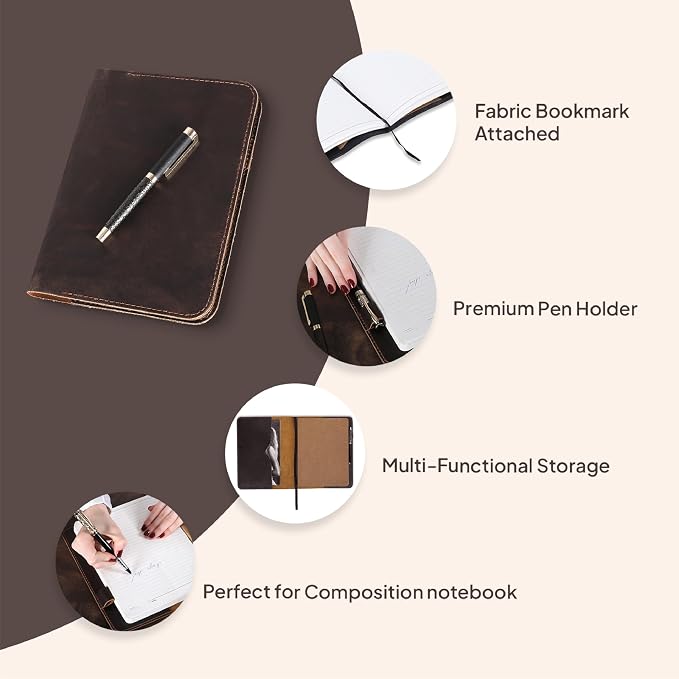 Brown XL Leather Journal Cover 7.5 x 9.5 – Refillable Genuine Leather Notebook Cover for Composition Notebook, Planner & Diary – Handmade Protective Travel Writing Case