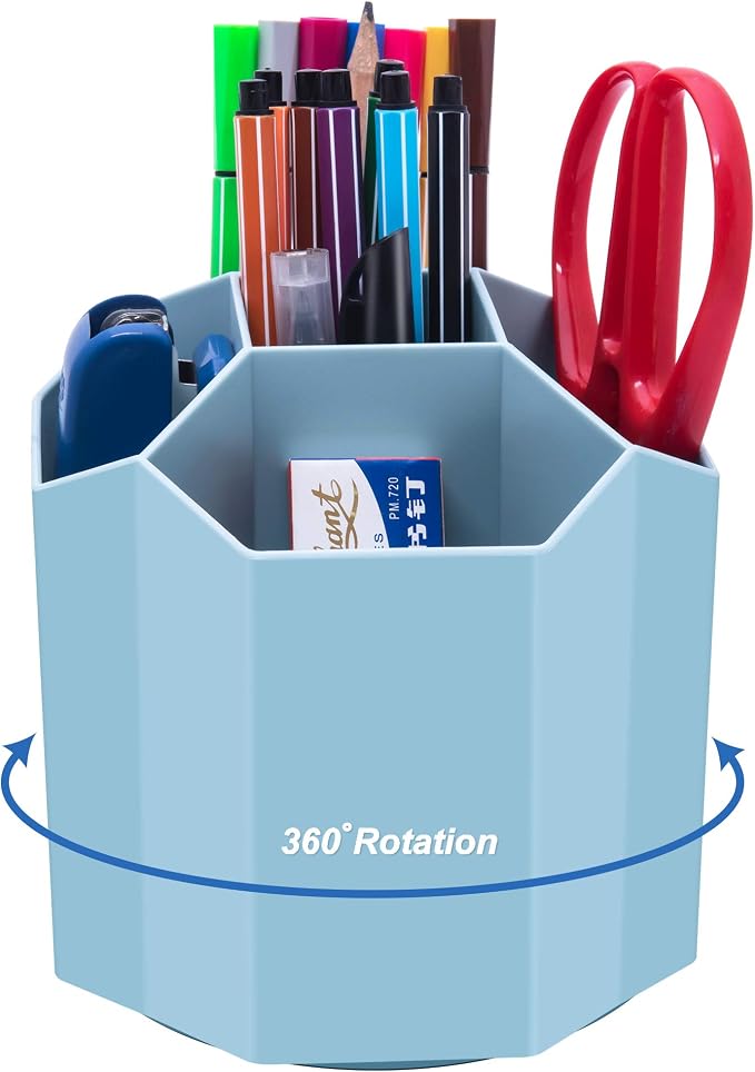 Siveit Desk Pencil Pen Holder, Rotating Pen Organizers 360-Degree 5 Grid Pen Holder for Desktop Storage Stationery Supplies Organizer, Home, Office, School, Kids, Blue