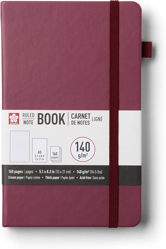 Sakura Notebook Ruled A5 - Japanese-Inspired Lined Notebook for Effortless Writing - 140 GSM Paper - Hardcover - Built-in Pen Holder - Expandable Inner Pocket - Flat-Lay - 5.1 x 8.3" - Mulberry