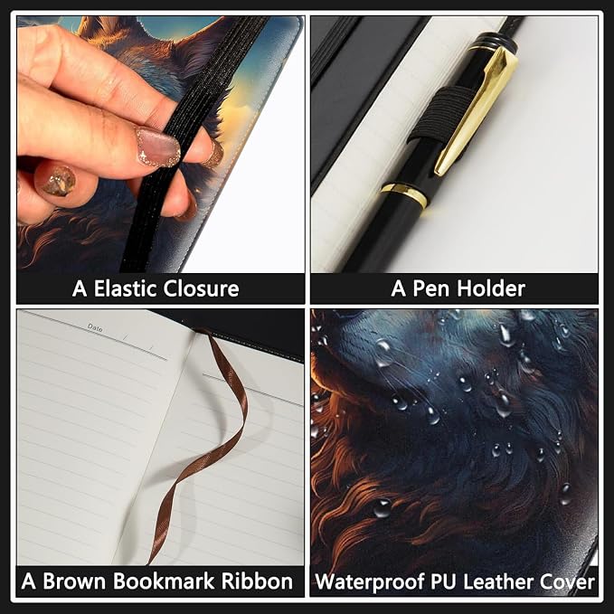 A5 Leather Lined Journal Notebook, 200 Pages Hardcover Executive Notebook for Men Women Office School Note Taking, Thick Writing Paper Daily Journal with Bookmarks/Indexes, Wolf Art