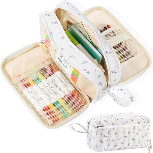 BuyCard Big Capacity Pencil Case, Corduroy Fabric, White with Purple Floral Pattern, Pencil Bag with Zipper Closure, Graduation Gift Office Stationery Storage Pen Pouch