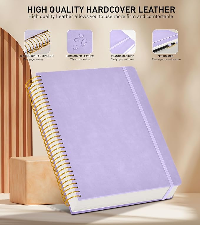 B5 Spiral Notebook Journal 7.6” x 10”, 300 Numbered Pages Hardcover Leather Journals for Women Men, Large Lined College Ruled Notebooks, 100GSM Thick Paper, Spiral Bound Journal for Work School, Purple