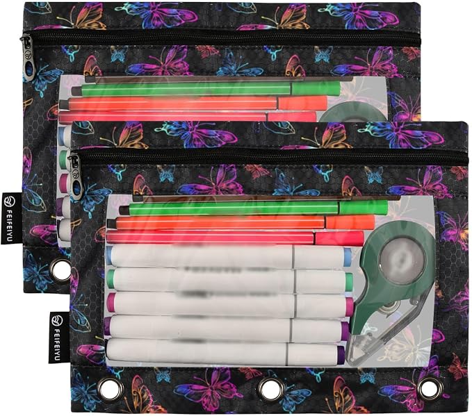Binder Pencil Pouches Neon Color Butterflies Pen Case | Clear Window 3 Rings, Cosmetic Bags School Office Supplies Cosmetic Makeup Bag 2 Psc