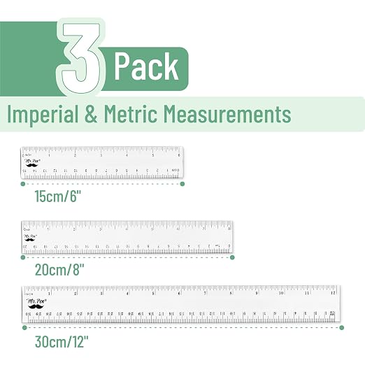 Mr. Pen- Clear Ruler Set, 3 Pack, 6", 8" and 12 Inch, Easy-to-Read Markings | Scratch-Resistant Design, Durable Plastic Rulers for Crafting Office & School, School Supplies