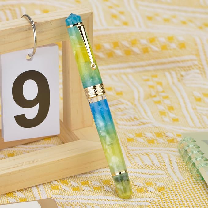 Asvine P20 Piston Fountain Pen Gradual Yellow Resin, Iridium Extra Fine Nib Gold Trim Smooth Writer Collection with Case Set