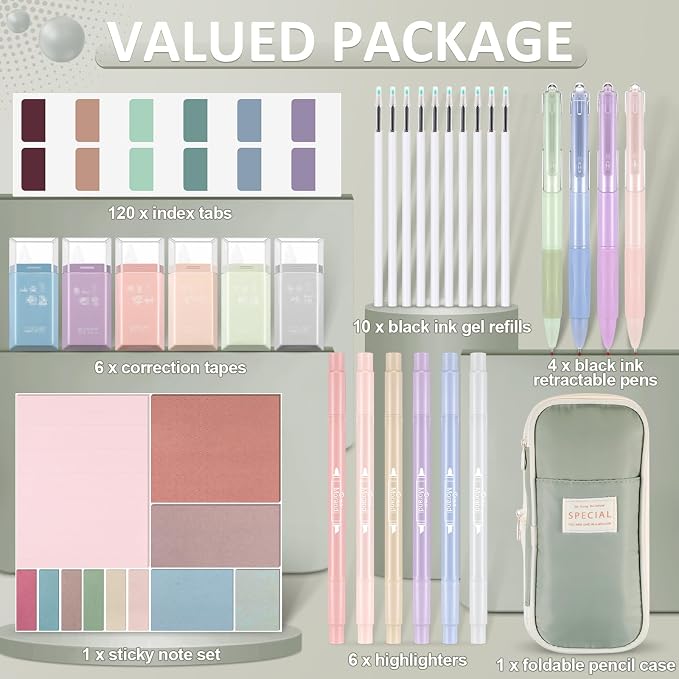 38 Pcs Aesthetic Office Supplies with Pen Case Sticky Notes Gel Pens Highlighters Correction Tapes Stationery Kit for Office Work Coworkers(Morandi Color,Cute)