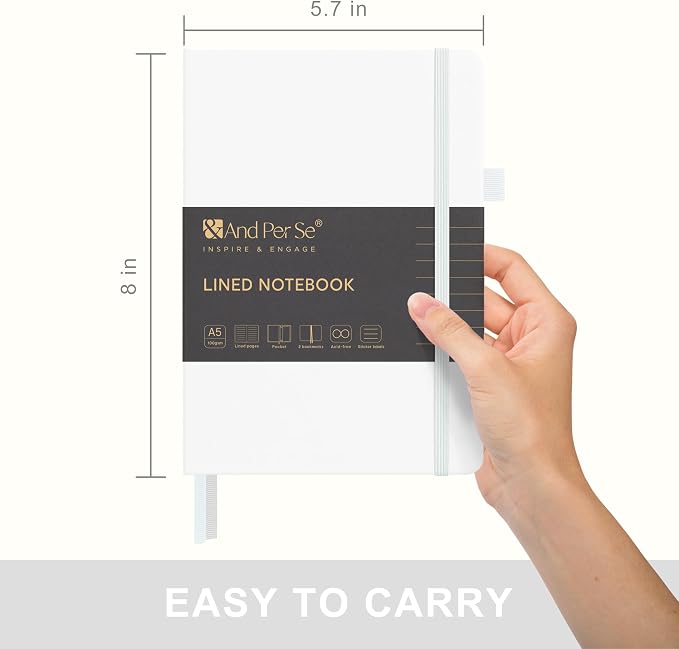 &And Per Se Lined Journal Notebook, 160 Pages, A5 5.7 x 8 inches College Ruled Thick Paper Notebook Journals for Writing, Hardcover Notebooks for Women Men Office School (1 Pack, White)