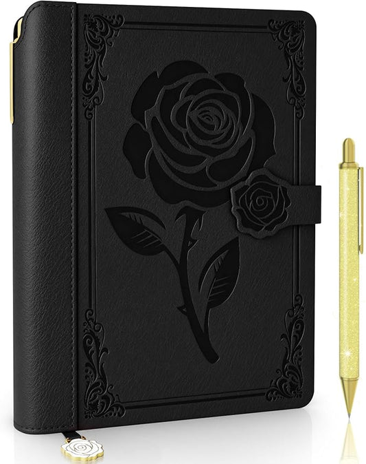 Aocii leather Journal for Women, A5 lined Daily Journal Notebook, Bullet Journaling for Writing, Hardcover Vintage Travel Journals, 224 Pages, Pen included (Black)