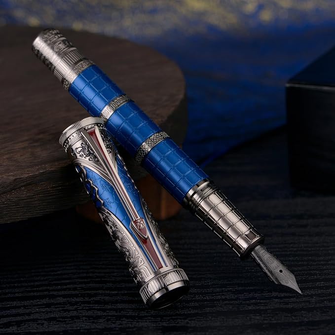 Hongdian D5X Fountain Pen Blue Color Extra Fine Nib, Qin Dynasty Retro Chinese Totem Engraving Smooth Writing Pen with Converter and Pen Box Set