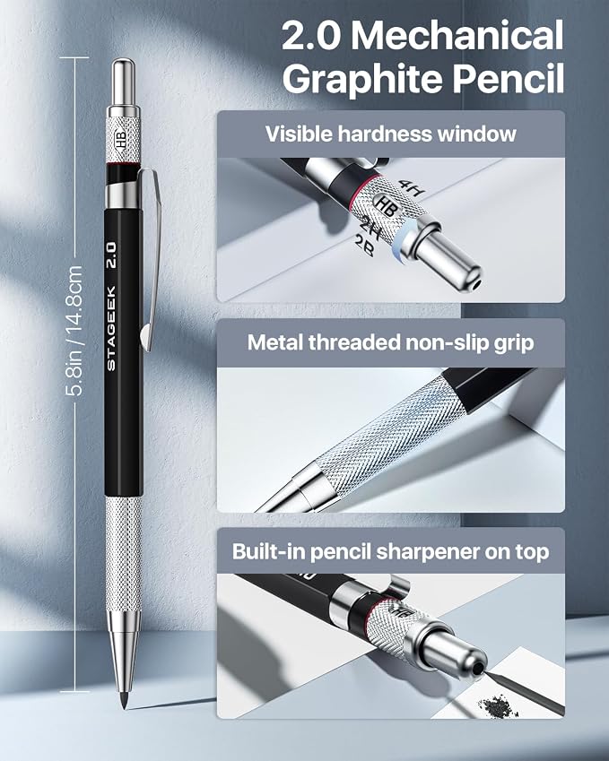 STAGEEK Drawing Pencil Set with Leather Bag 30 Count, Mechanical Pencils 0.5, 0.7, 0.9MM & 3PCS 2MM Sketch Pencils with 464PCS Lead Refills (6B 4B 2B HB 2H 4H Color) for Artist Drafting Drawing