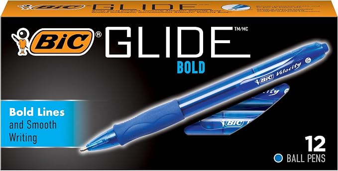 BIC Glide Bold Retractable Ball Pen, Bold Point (1.6mm), Blue, 12-Count, Rubber Grip for Comfortable Writing, Case(Pack of 18, 216 Count Total)