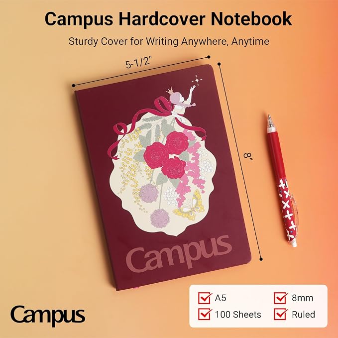 KOKUYO Lined Journal Notebook, A5 Hardcover Notebook for Women in 8mm Ruled, 100 Sheets Travel Journal in 5.5'' x 8'', Journaling, Writing, Work & Office, 70 GSM Japanese Smooth Paper, Red