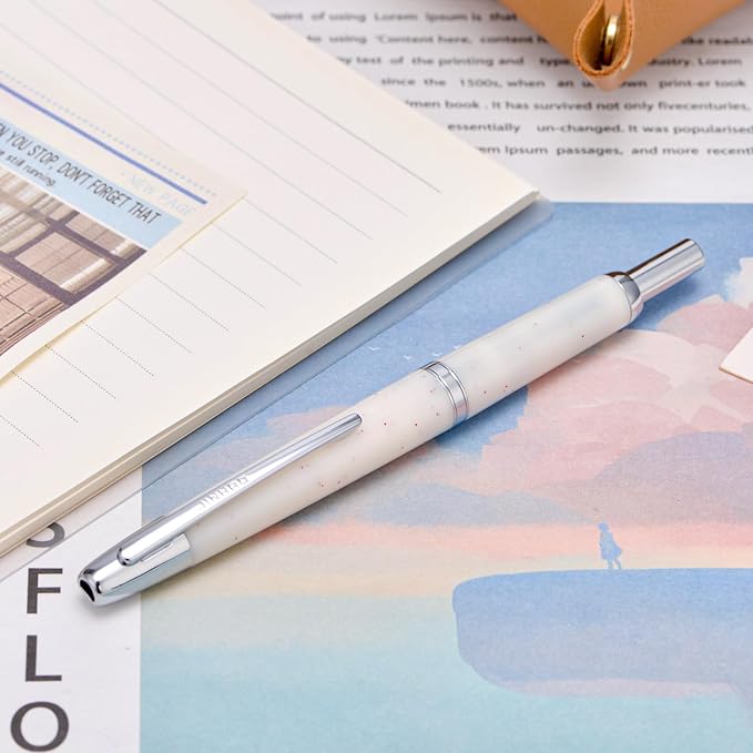 Jinhao 20 Press Retractable Fountain Pen Medium Nib with Converter Resin Writing Gift Pen, White Snow with Silver Clip