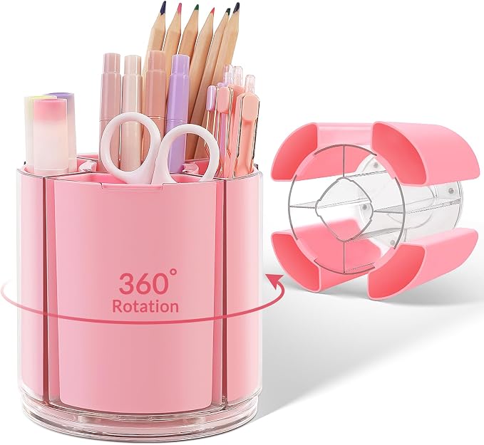KONVINIT Pink Pen Holder for Desk, 5 Slots 360° Rotating Pen Organizer, Cute Desk Organizers and Accessories for School, Home, Office and Art Supply