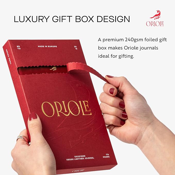 Oriole Vegan Leather Ruled Notebook - Cherry Red | 176 Pages of Thick Lined Paper | Soft Touch Hardcover Journal (5 x 8 in) with Gold Foil Bird Design & Luxury Gift Box