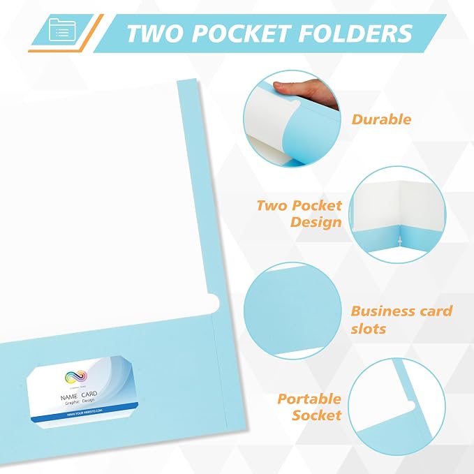50 Packs Two Pocket Folders,Two Pocket File Folders with Business Card Slot,Sky Blue,Letter Size,Paper Folders with Pockets for School Office Home Business