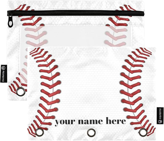 Sport Baseball Customized Pencil Pouch Fits standard 3-ring binders, Zipper Binder Pencil Bag with Clear Window for Office 2 Pack